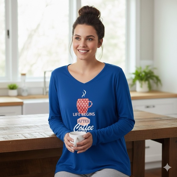 Reitmans Life Begins After Coffee Blue V Neck PJ Top Womens Size XXL - Picture 1 of 8